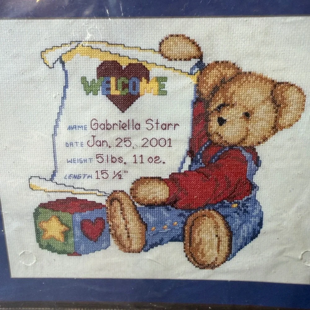Bucilla Blue‎ Jean Teddy Birth Record 9 x 8.5 Counted Cross Stitch Kit 43068 New